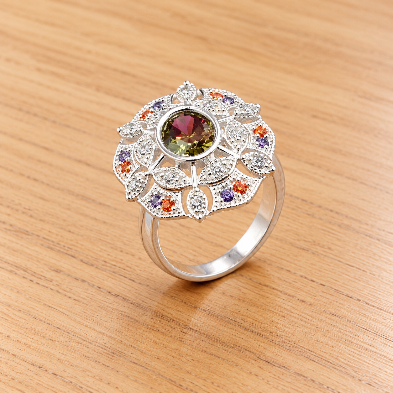 Ornate Multicolour Floral Gemstone Ring Manikya Rasa Silver Ring - A Reverence to Indian Heritage