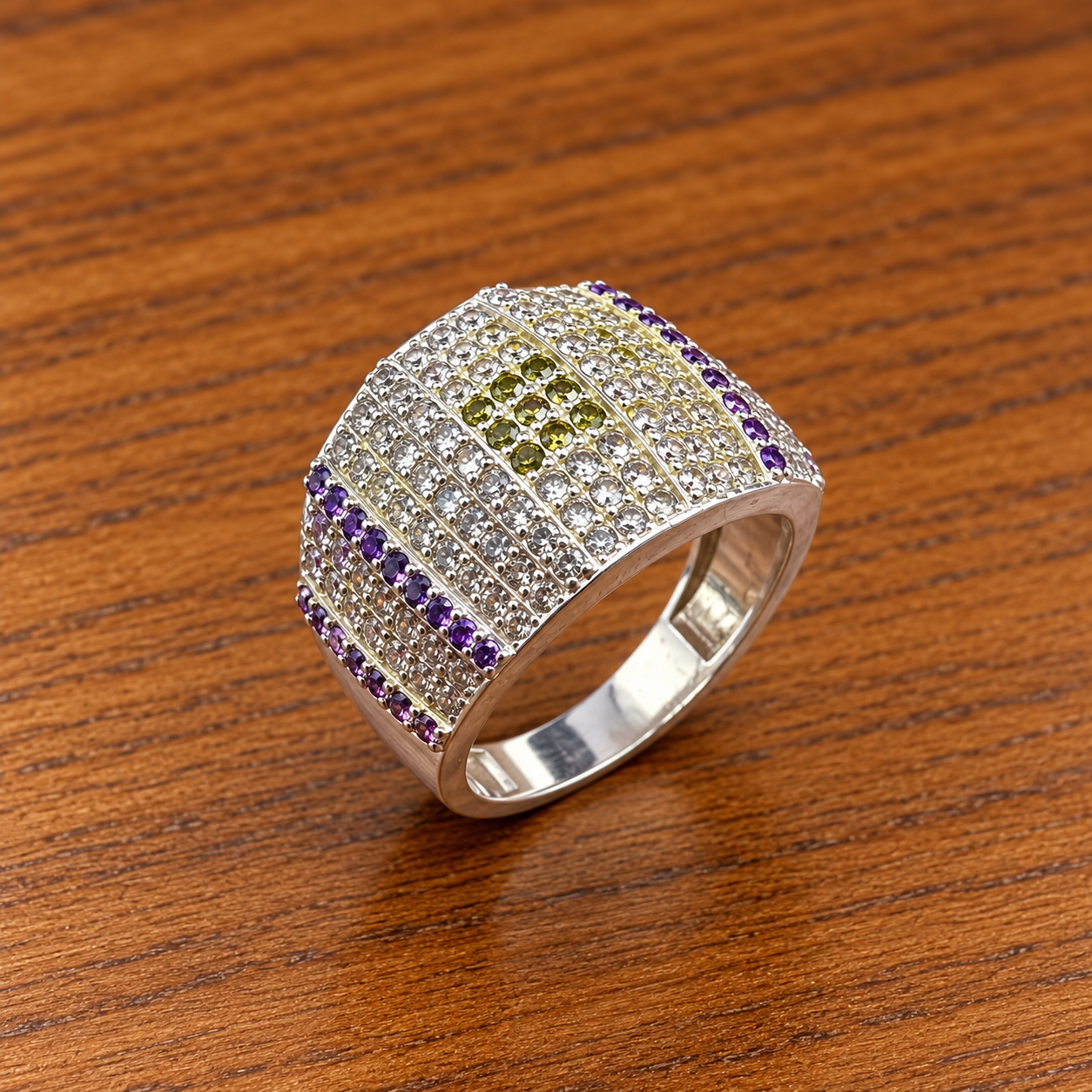 Pavé Rainbow Ring on Warm Wood Shimmering Chic: Silver Ring