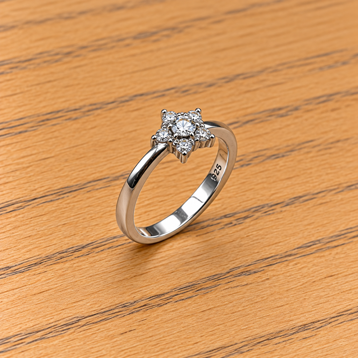 Polished Silver Floral Cluster Ring Serenity Sterling Silver 925 Ring with Wave Design