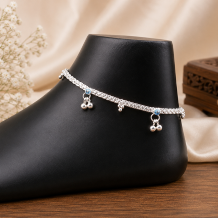 Azure Rose: Silver Payal Adorned with Blue and Pink Stones