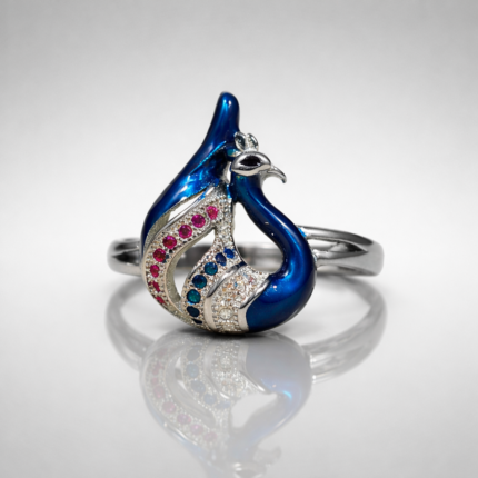 Elegant Silver Peacock Feather Blue Ring
