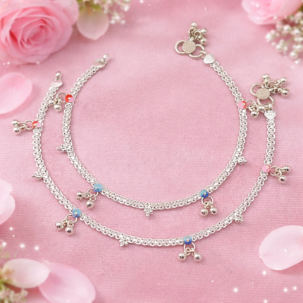 Azure Rose: Silver Payal Adorned with Blue and Pink Stones