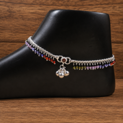 Radiant Rhythms: Silver Payal with Colorful Drop Pattern