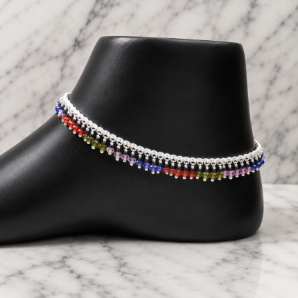 Radiant Rhythms: Silver Payal with Colorful Drop Pattern