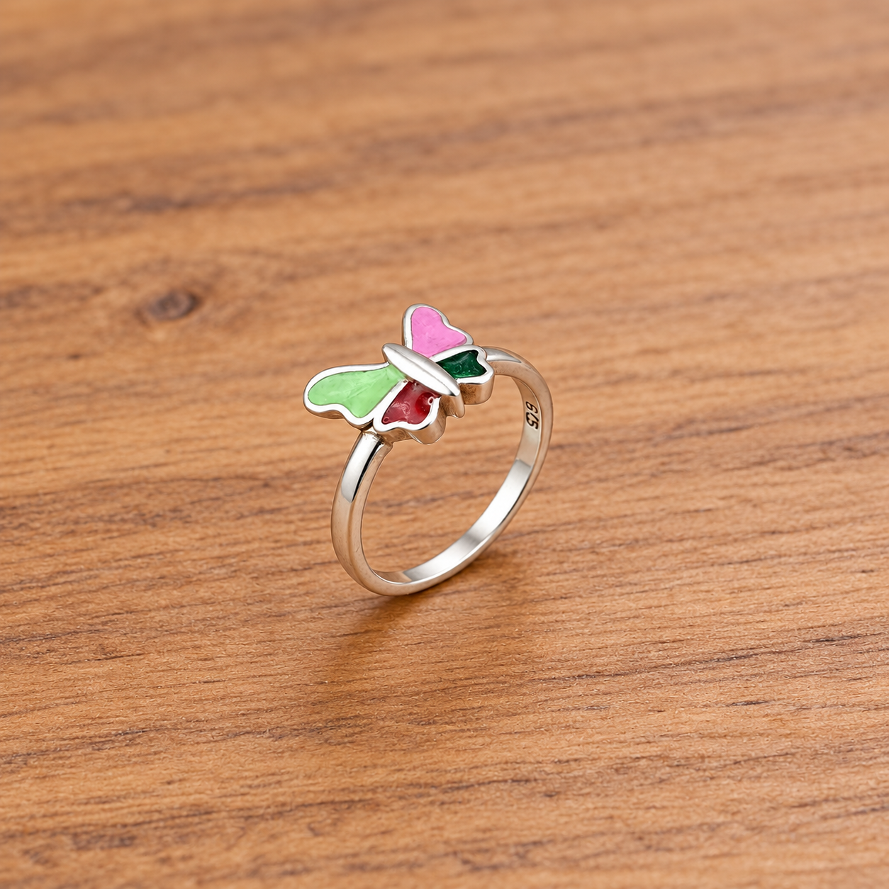 Sterling Silver Butterfly Ring on Wood Fluttering Fairies: Kids' Silver Butterfly Ring
