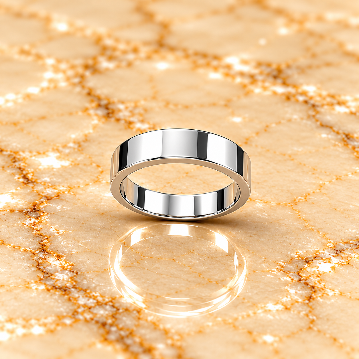 Polished Silver Ring on Golden Marble Radiant Craftsmanship: Handmade Pure Silver Rings for Discerning Gentlemen