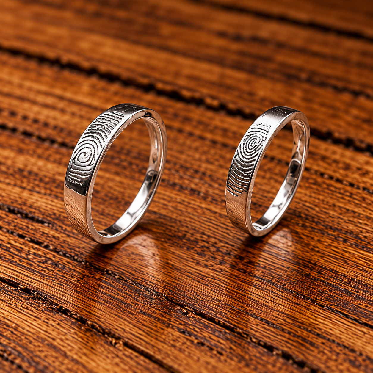 Fingerprint Silver Rings on Warm Wood Forever Imprinted: 925 Silver Couple Ring with Thumb Impressions