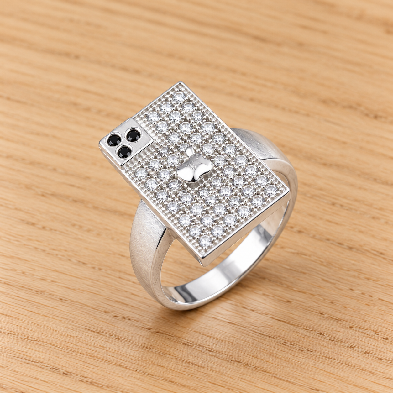 Pavé Silver Ring on Light Wood Bold Hammered Silver Ring for Men