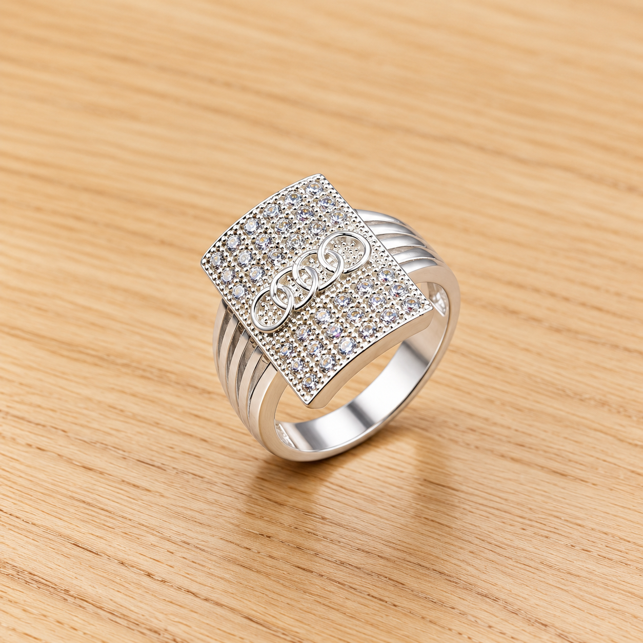 Pavé Silver Ring with Interlocking Loops Classic Men's Silver Ring