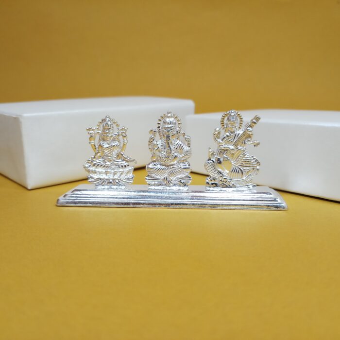 Pure 925 Silver Laxmi Ganesh Saraswati Murti – Divine Trinity Idol Set