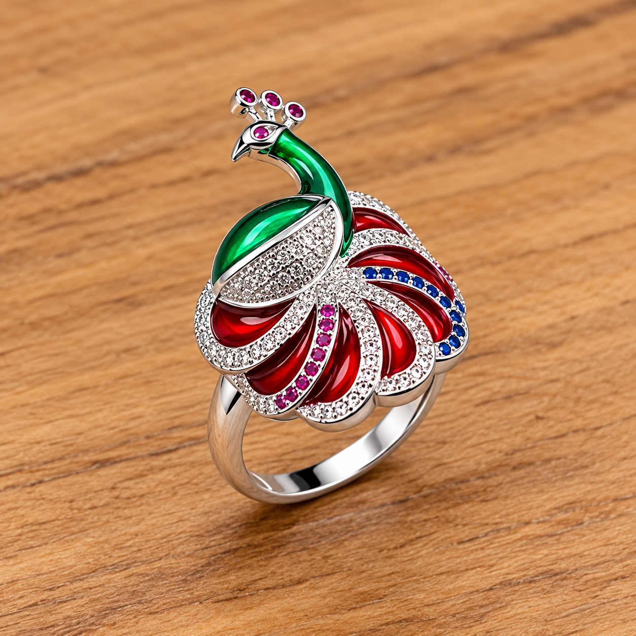 Jeweled Peacock Ring on Wood Ladies' Silver 925 Peacock Feather Ring