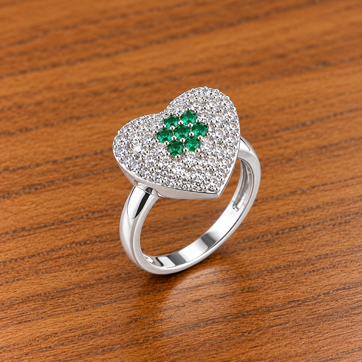 Emerald Pavé Heart Ring on Wood Sophisticated Silver Ring for Women - Minimalist Design