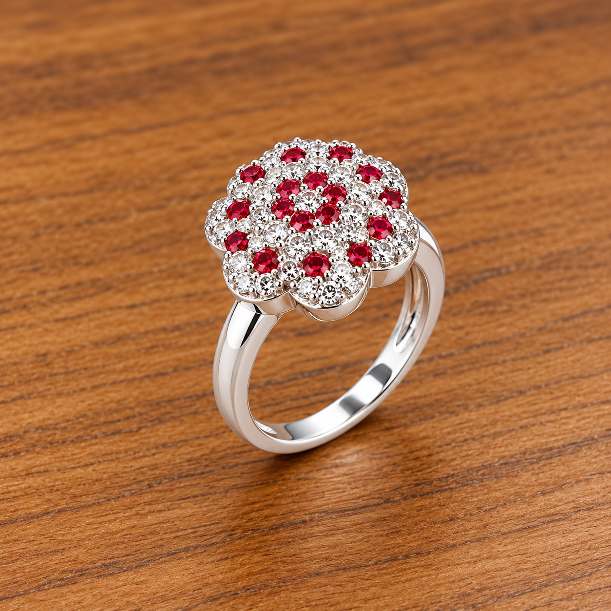 Ruby and Diamond Flower Ring (1) Delicate Silver Ring for Women - Pure Elegance
