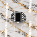 Kaalbindu: Bold Black Stone Men's Ring with Intricate Design