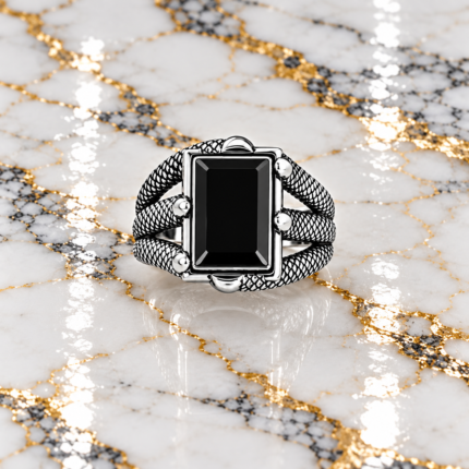 Kaalbindu: Bold Black Stone Men's Ring with Intricate Design