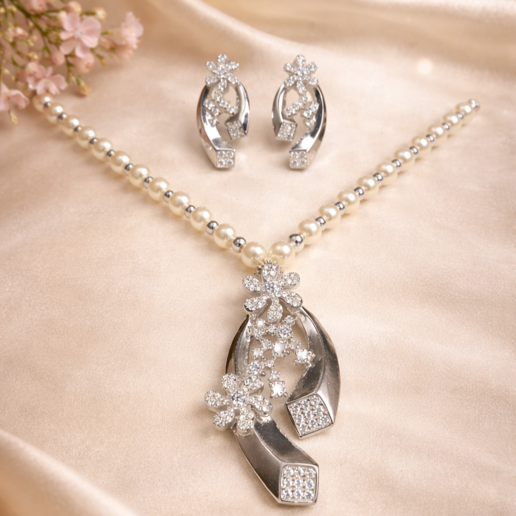 Elegant pearl and diamond set Divine 925 Silver Chain Pendant – Inspired by Indian Elegance