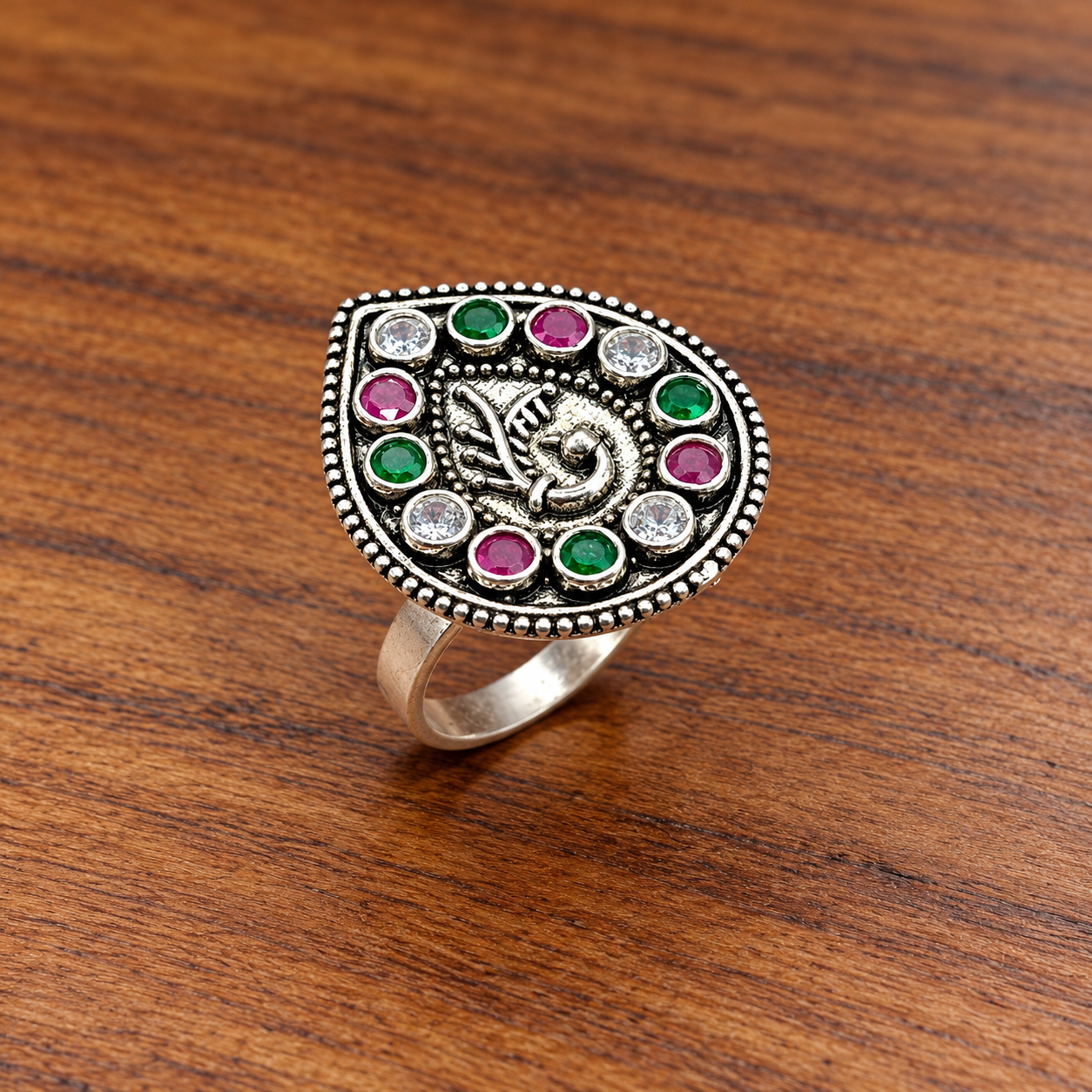 Ornate Gemstone Teardrop Ring on Wood Stunning Silver Cut Stone Ring – A Sparkling Statement of Elegance