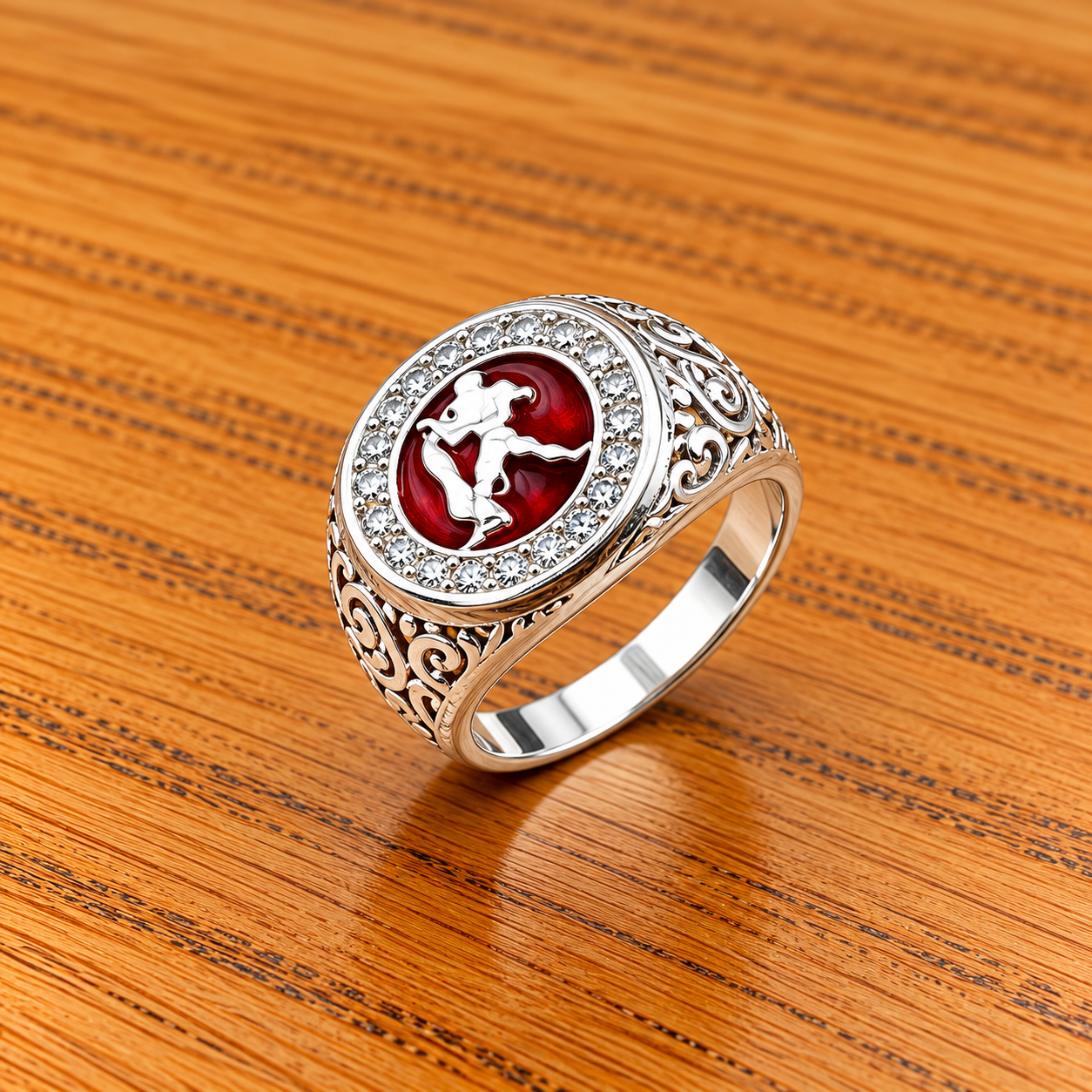 Ornate Silver Filigree Ring on Wood Astrological Silver Zodiac Sign Aquarius Rings