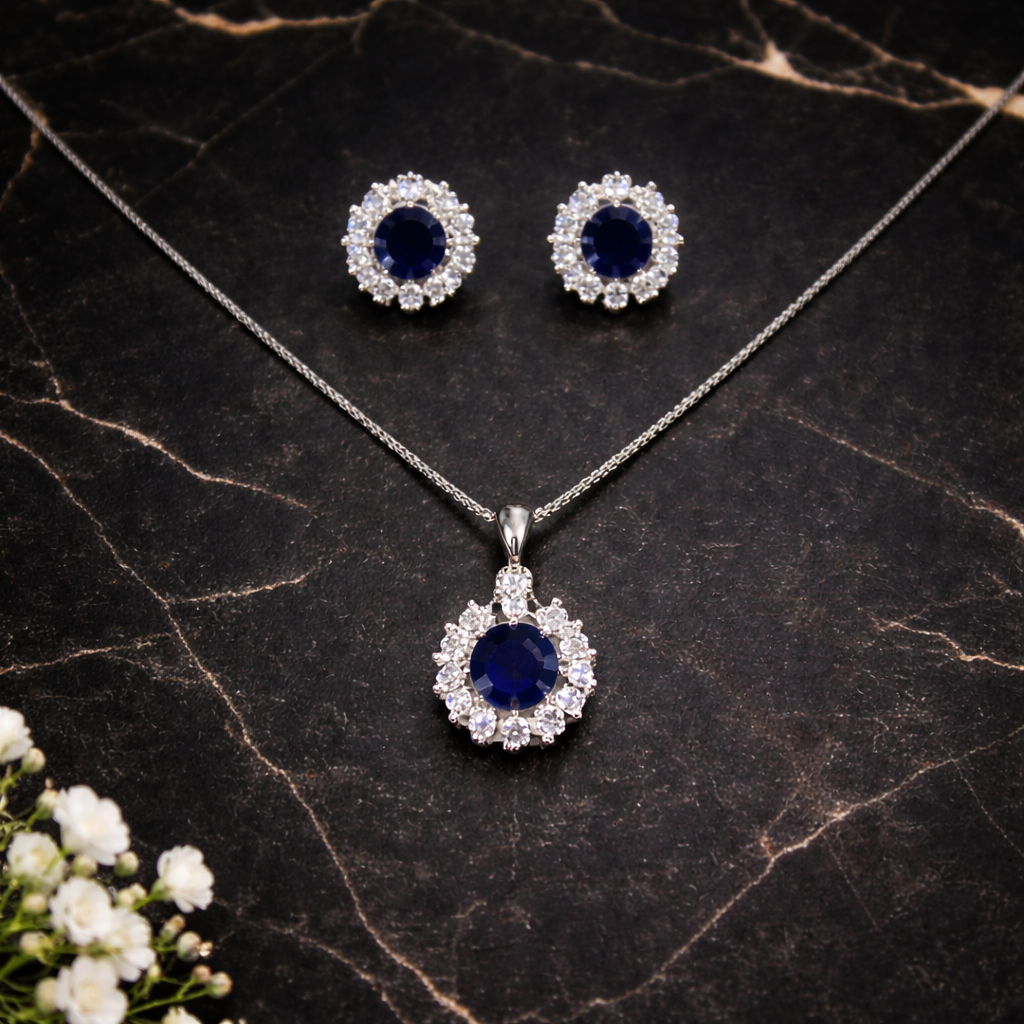 Sapphire and diamond jewellery set 925 Silver Pendant Set with Ethnic Charm