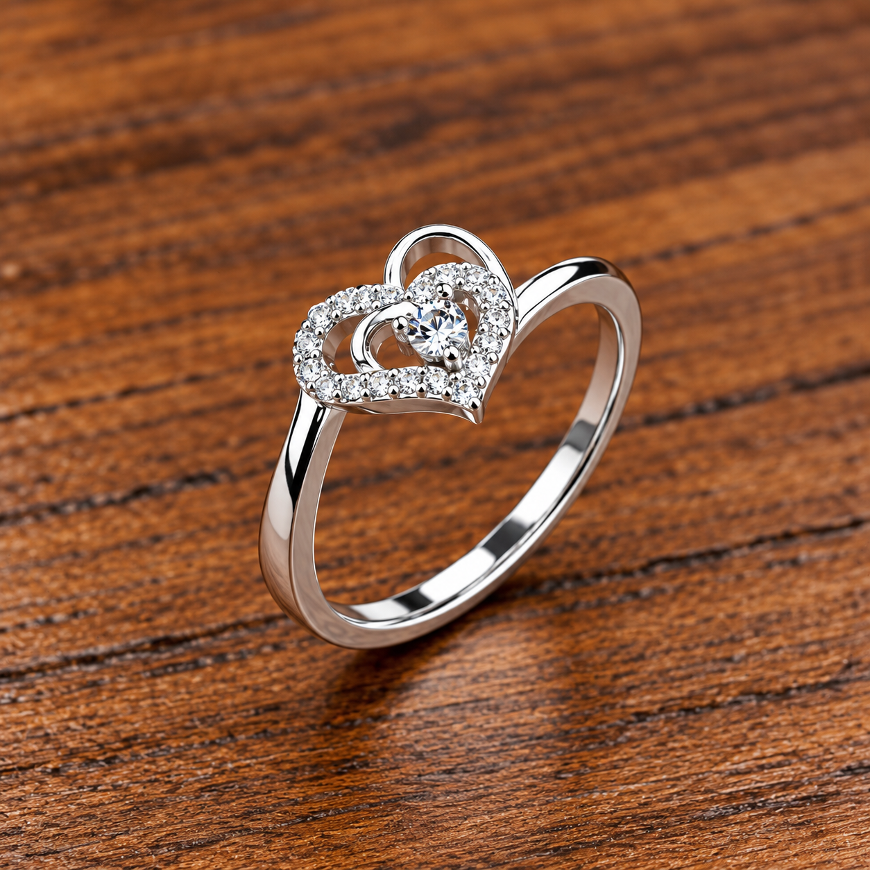 Diamond Double-Heart Ring on Wood Classic Silver Heart 925 Ring – Timeless & Elegant