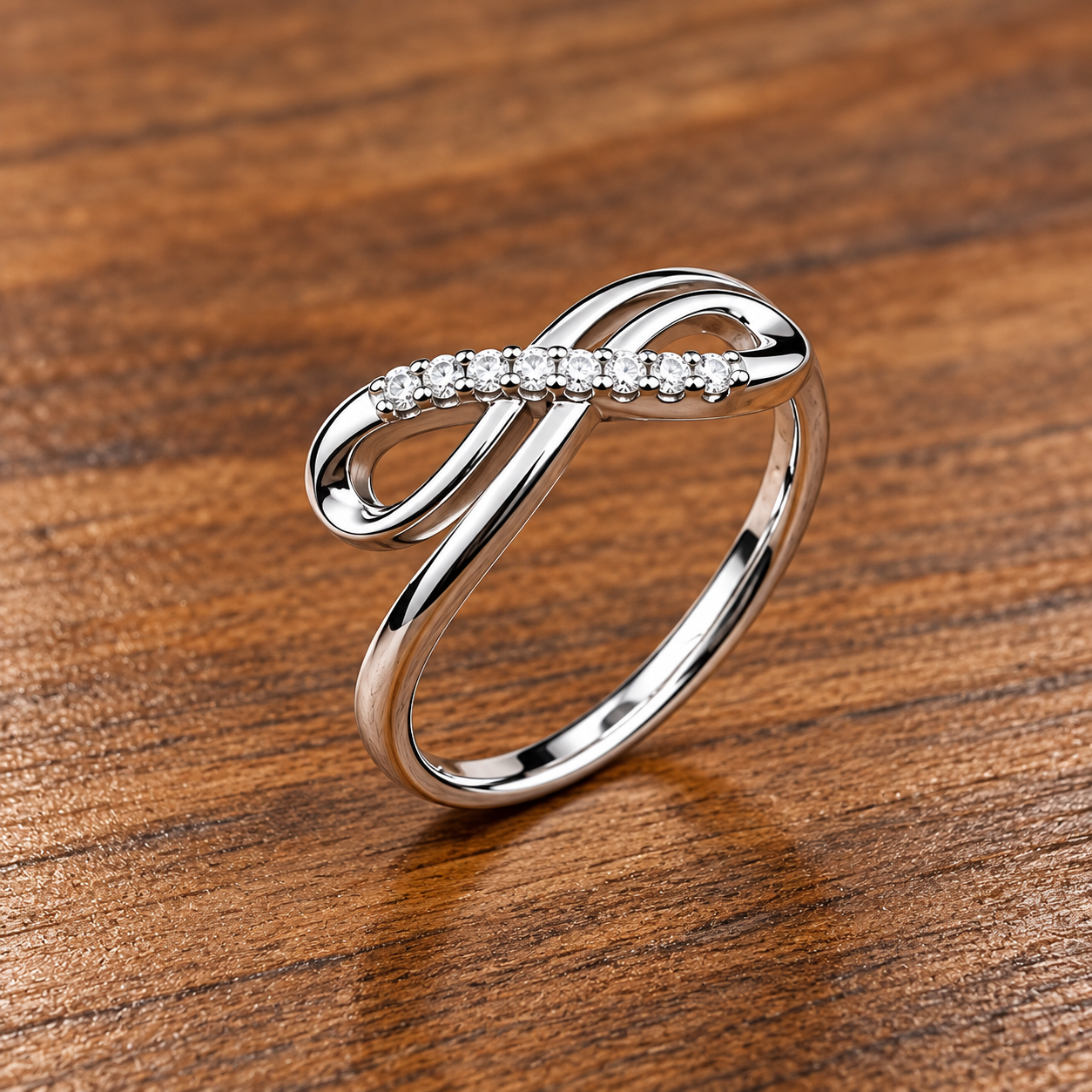Infinity Diamond Ring on Warm Wood Elegant Silver 925 Infinity Ring – Timeless Symbol of Love