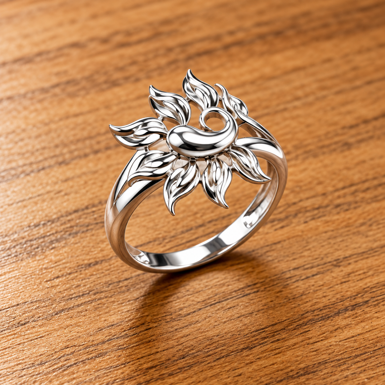Polished Silver Sunflower Ring on Wood Stunning 925 Sterling Silver Peacock Ring for Women