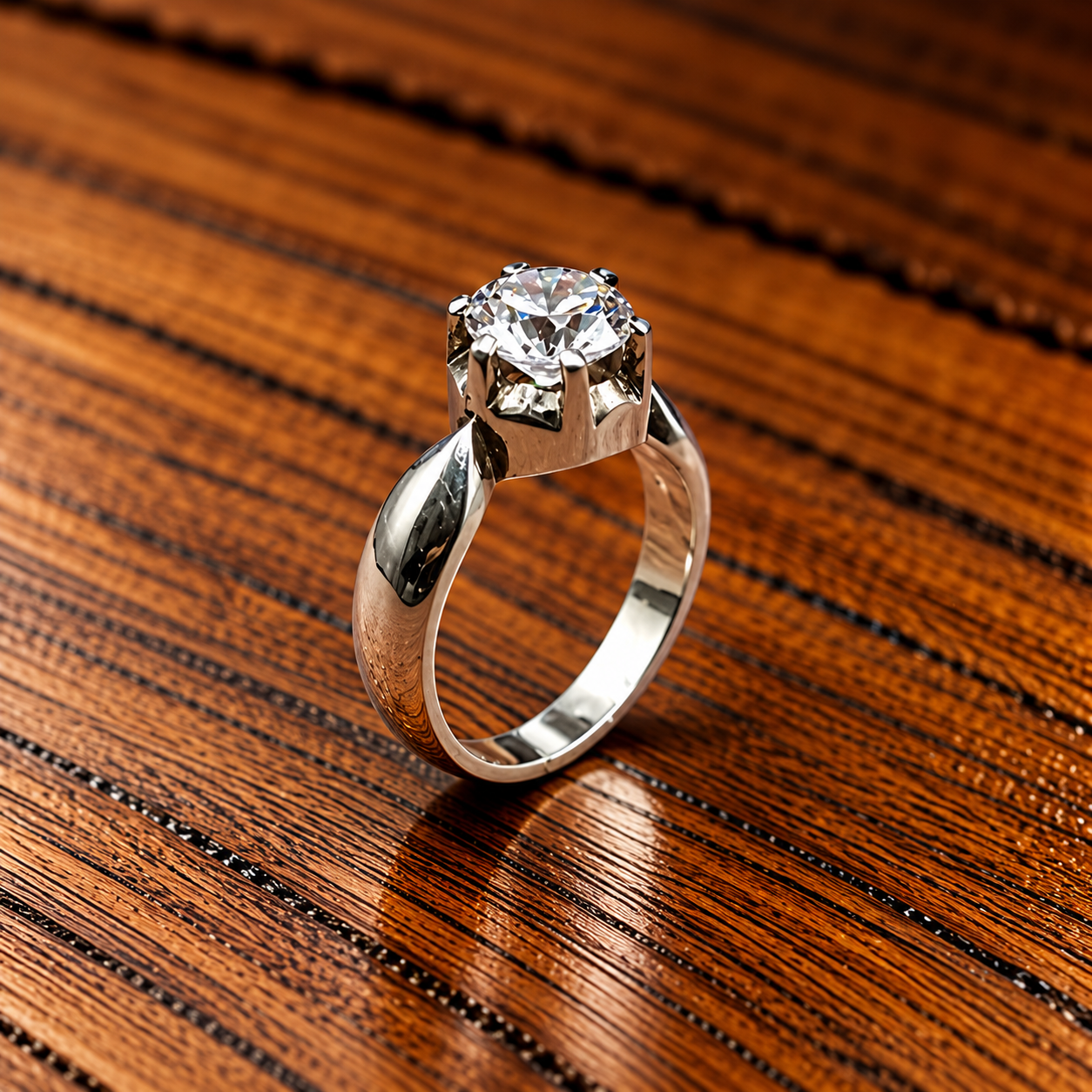 Solitaire Diamond Ring on Warm Wood Handmade Silver Solitaire Ring – Simple Yet Elegant