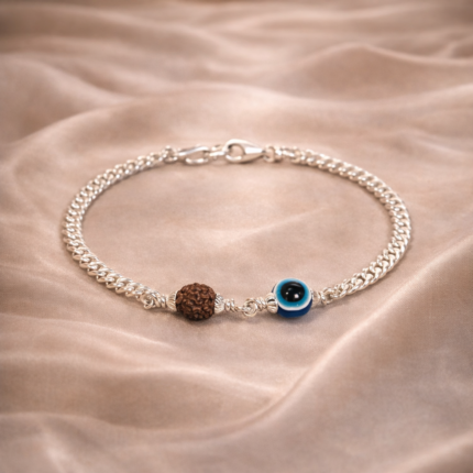 Pure Silver Evil Eye & Rudraksha Bracelet – Protection & Positivity