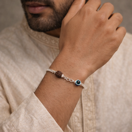 Pure Silver Evil Eye & Rudraksha Bracelet – Protection & Positivity
