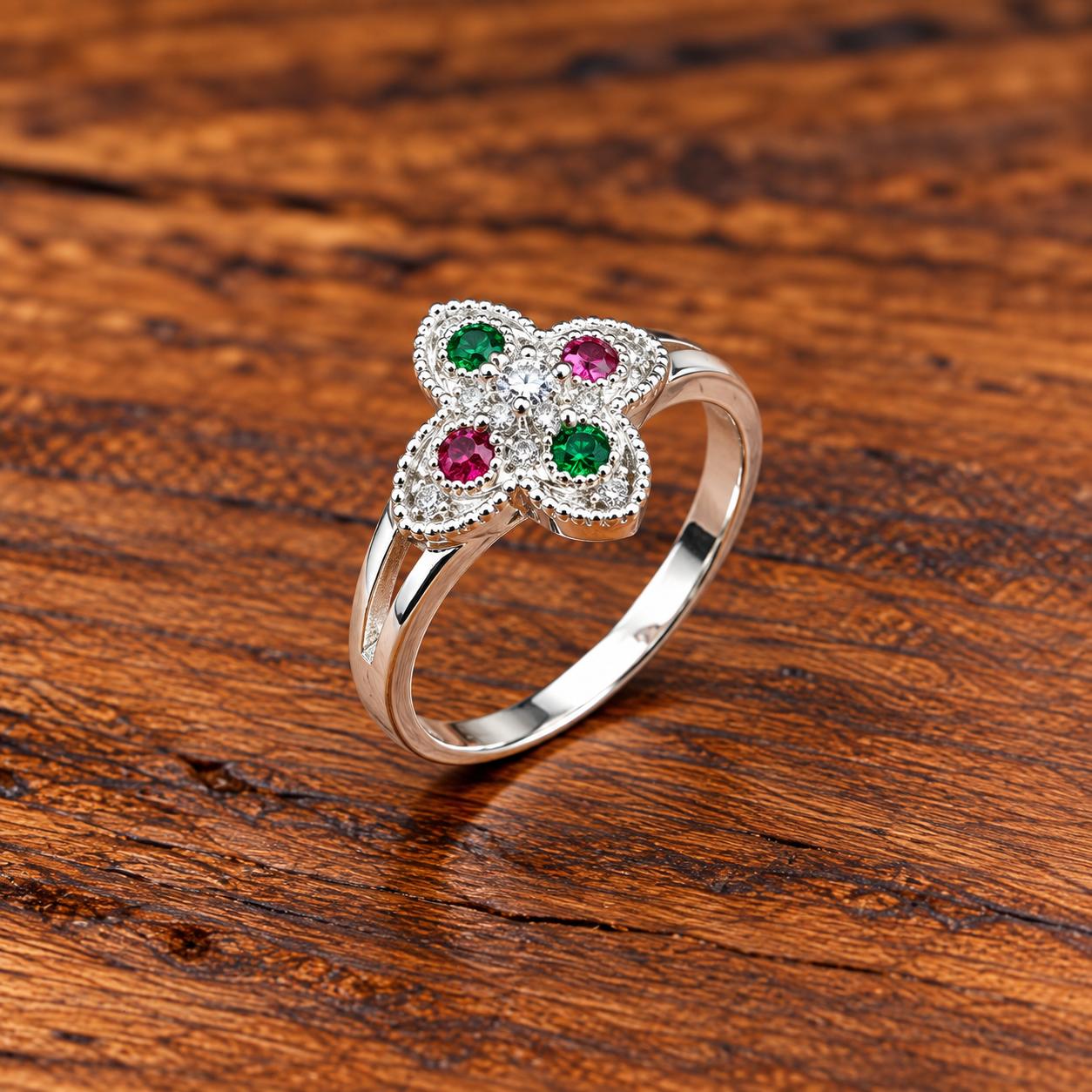 Emerald and Ruby Floral Ring on Wood Pure Silver Kids Ring – A Cute and Elegant Accessory