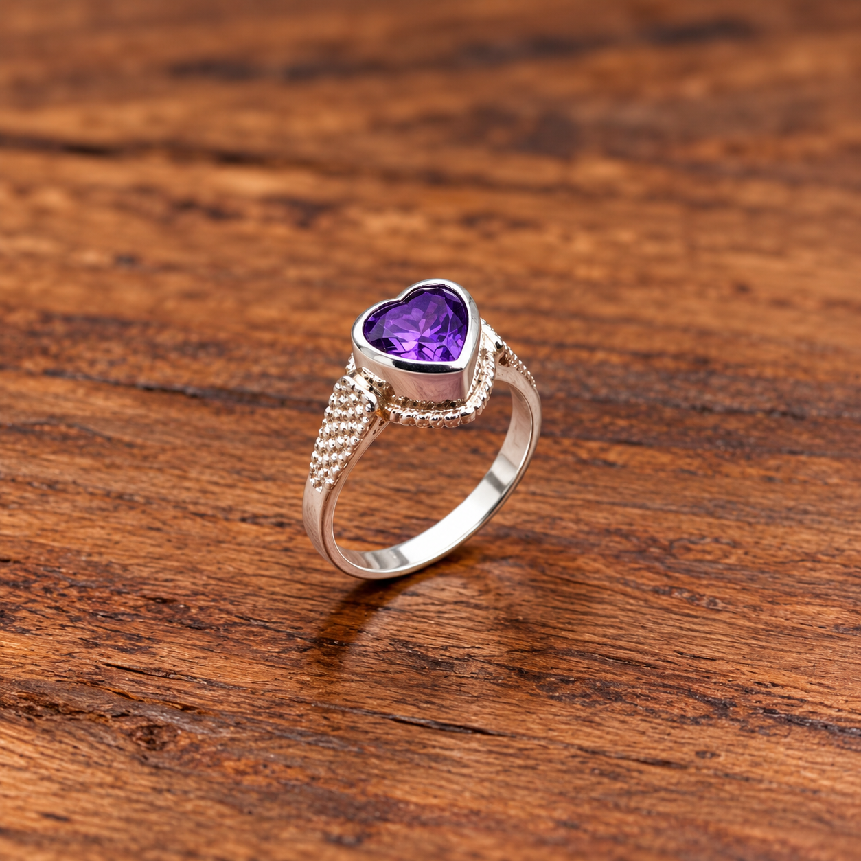 Heart-Shaped Amethyst Ring on Wood Pure Silver Kids Ring – Safe & Comfortable