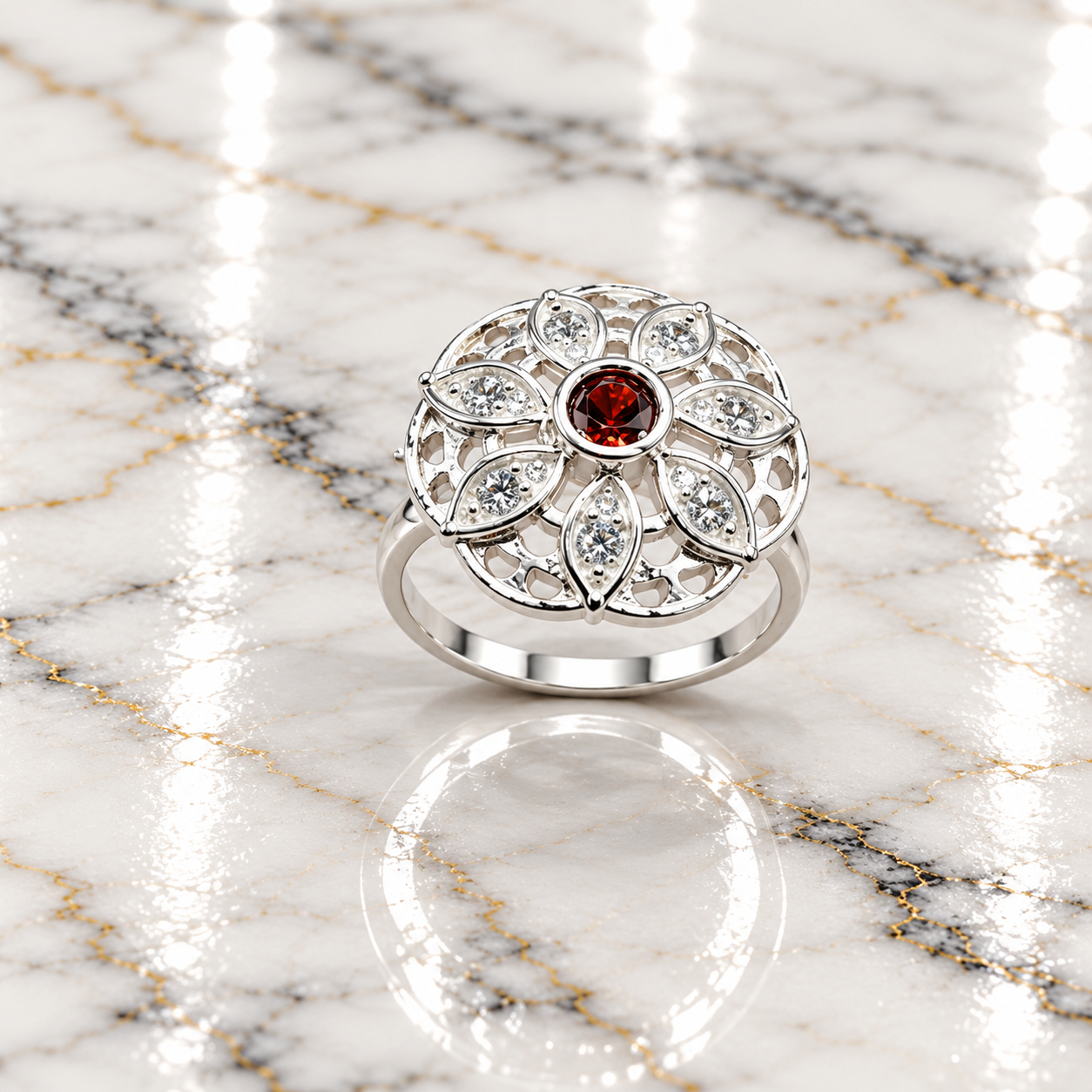 Ornate Ruby Floral Ring on Marble Pure Silver Women's Ring – Classic Beauty with Timeless Elegance