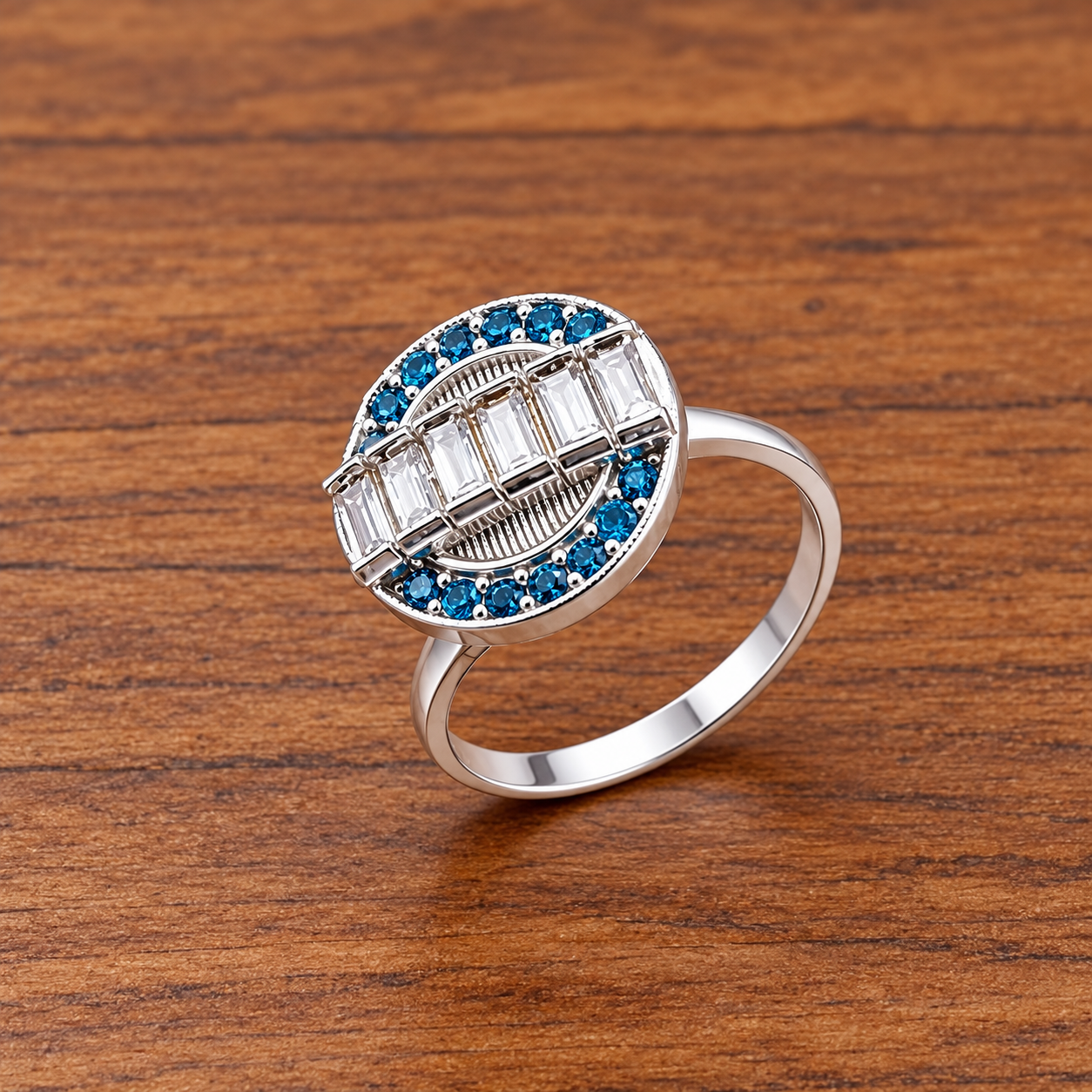 Sapphire Halo Ring on Warm Wood Pure Silver Women's Ring – A Touch of Timeless Elegance