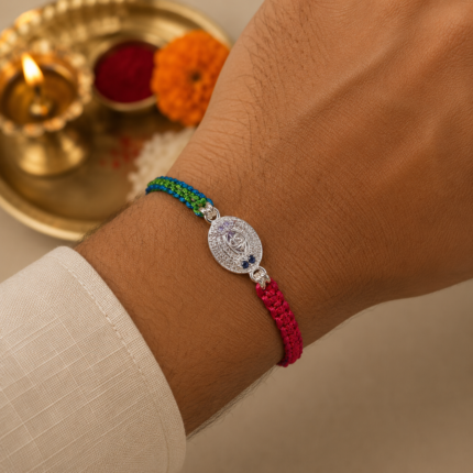 Pure Silver Flower Rakhi with Multicolor Dhaga – A Blooming Bond of Love
