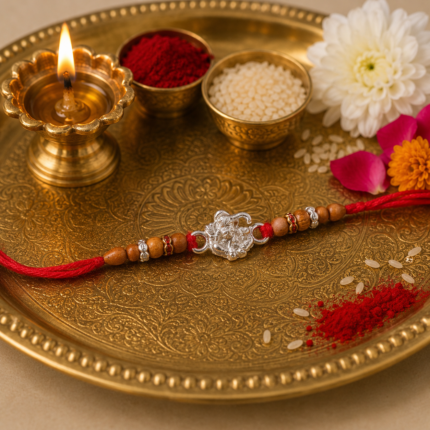 Pure Silver Ganesha Rakhi with Wooden Beads & Red Dhaga