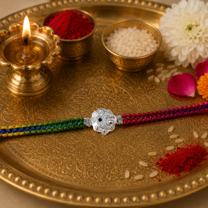 Pure Silver Kalash Rakhi with Multicolor Braided Thread