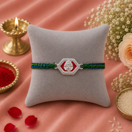 Silver Ganesha Rakhi with Green & Blue Thread