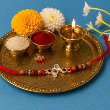 Designer Pure Silver Om Rakhi with Red Stones & Beads