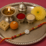 Pure Silver Ganesh Rakhi with Beads Red & Yellow Thread