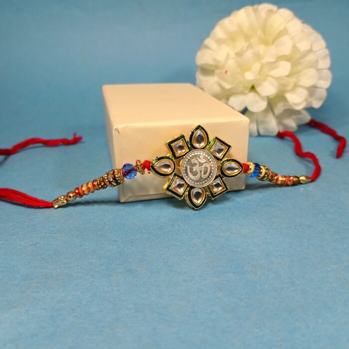 Elegant Pure Silver Om Rakhi With Kundan – Symbol of Bond & Blessings