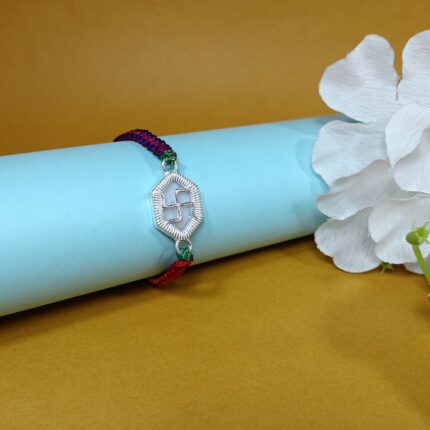 Pure Silver Hexagon Swastik Rakhi with Multicolor Dhaga – Strength, Style & Spirituality