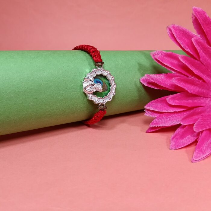 Pure Silver Krishna Rakhi with Colourful Mor Pankh Design