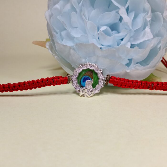 Pure Silver Krishna Rakhi with Colourful Mor Pankh Design