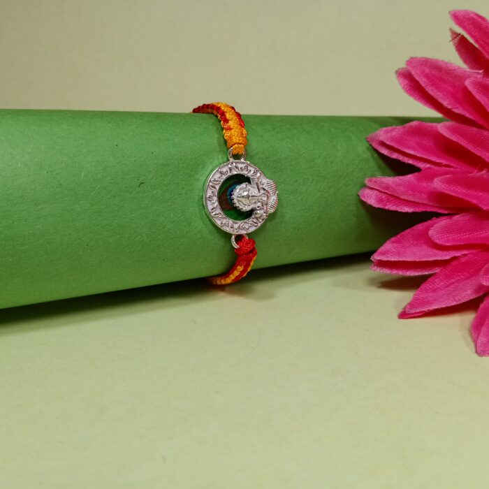 Divine Ganesha Silver Rakhi with Red & Yellow Thread