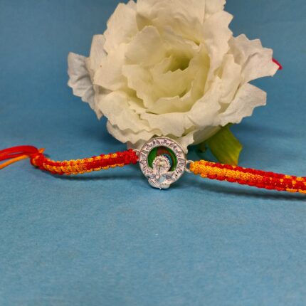 Divine Ganesha Silver Rakhi with Red & Yellow Thread