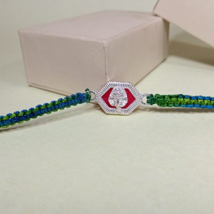 Silver Ganesha Rakhi with Green & Blue Thread