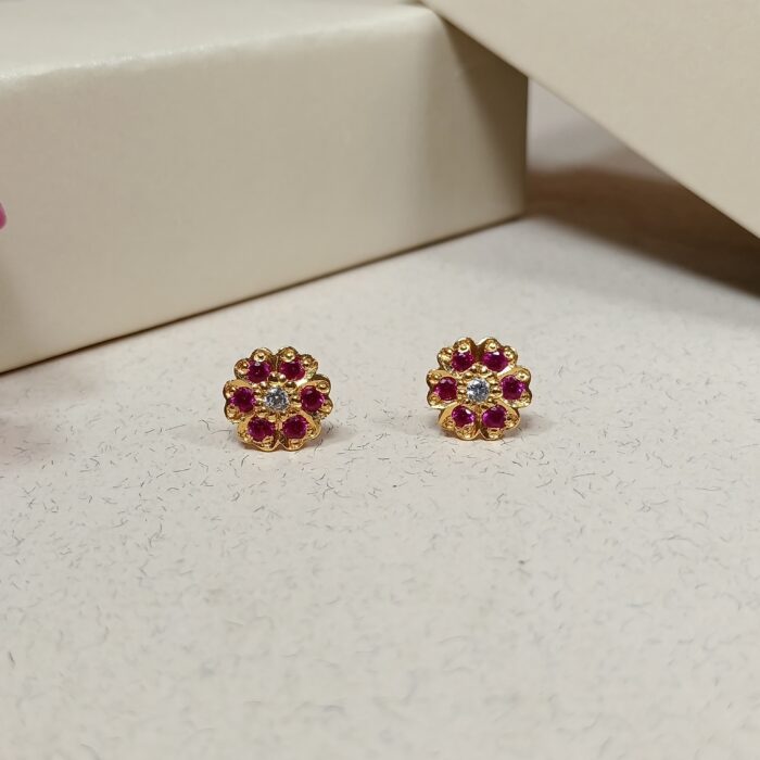 Gold Plated Ruby Flower Stud Earrings
