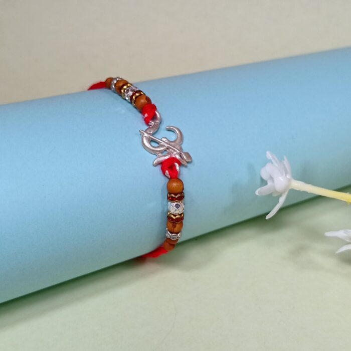 Pure Silver “Om” Rakhi with Beads & Red Thread
