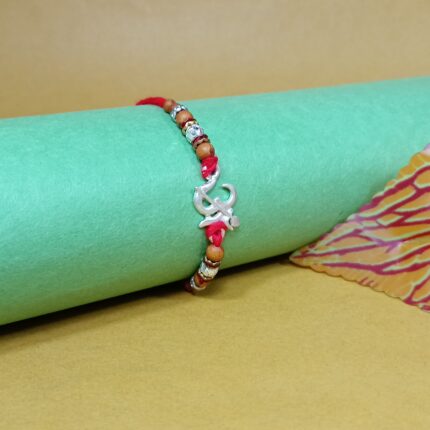 Pure Silver “Om” Rakhi with Beads & Red Thread