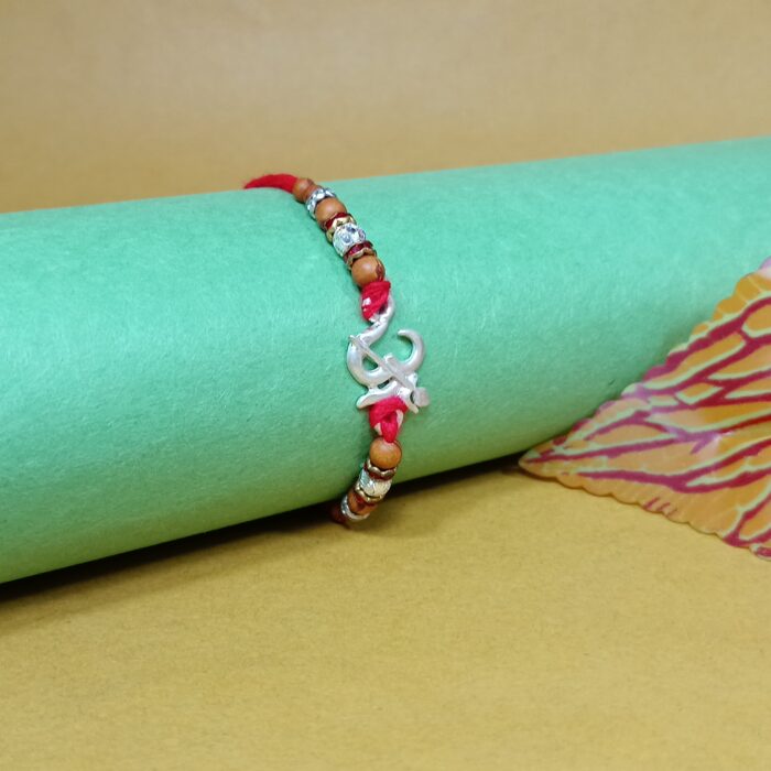 Pure Silver “Om” Rakhi with Beads & Red Thread